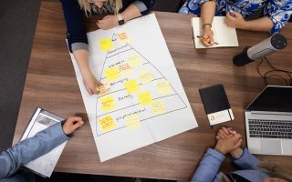 Our HR Story and Brand Promise Overhead view of a pyramid chart, sticky notes attached