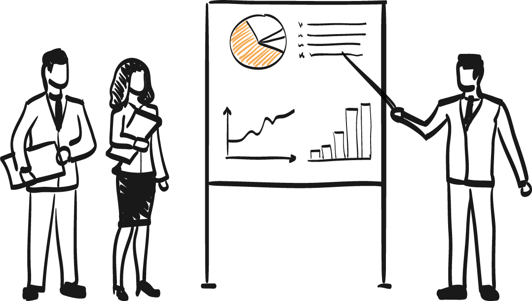 Three office people with one pointing to stats on a board in a doodle style